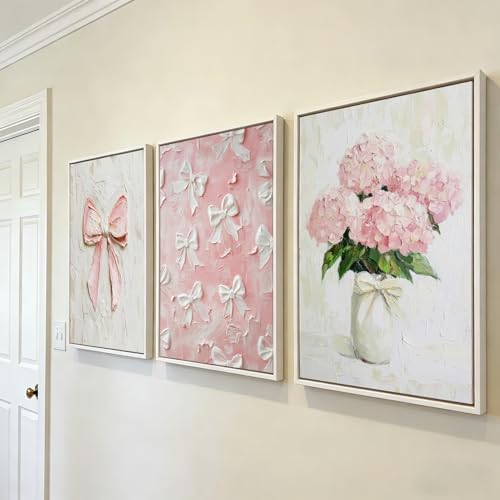 3Pcs Trendy Pink Bows Wall Art Cute Girly Coquette Watercolor Hydrangea Bow - Image 5