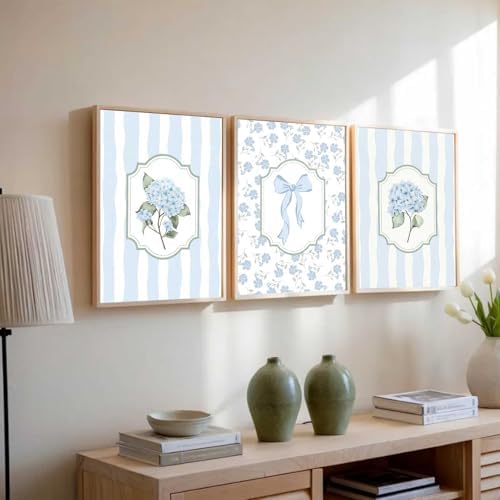 3Pcs Blue Hydrangea Wall Art Trendy Light Blue Striped Watercolor Bow Coquette - Image 4