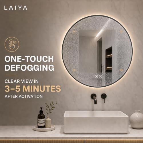 LAIYA 24in Round LED Bathroom Mirror Black Frame Backlit Anti-Fog Dimmable - Image 5