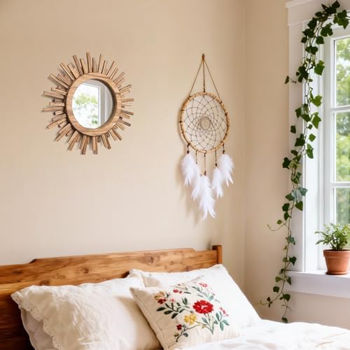 12 Inch Boho Sunburst Mirror, Round Wooden Wall Decor Starburst Sun Mirror - Image 7