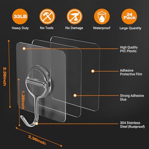 48 Pack Clear Adhesive Wall Hooks - Image 2