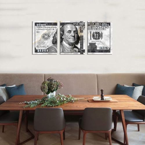 3 Panels Money Wall Art Grey Money Posters Prints Artwork One Hundred Dollars - Image 3