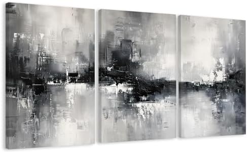 AVECCO Triptych Abstract Black White Gray Wrapped Canvas Wall Art 16x24 In by Unknown