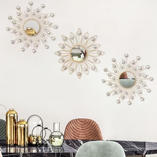 Uaussi 3 Pack Crystal Sunburst Wall Mirror Décor Rhinestone Mirrors Decorative - Image 4