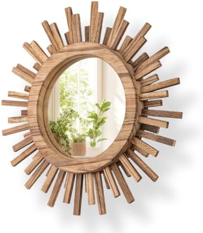 12 Inch Boho Sunburst Mirror, Round Wooden Wall Decor Starburst Sun Mirror by Makelifemorewonderful
