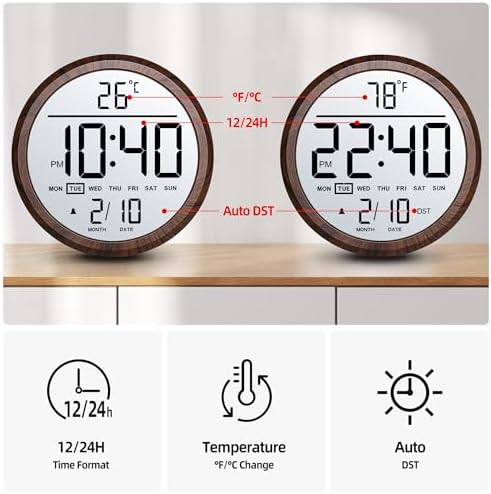 8" Round LCD Digital Wall Clock Battery Operated - Image 3