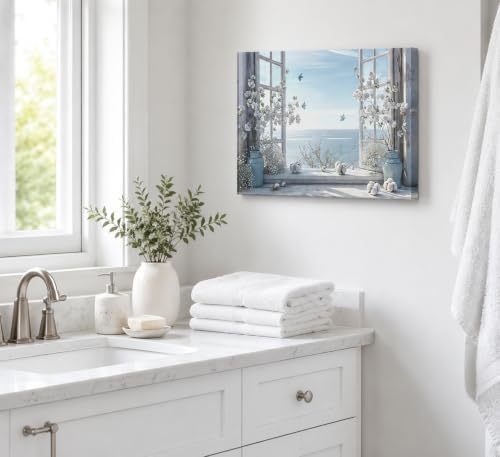 Coastal Flower Bathroom Canvas Wall Art Farmhouse Cotton Bouquet and Butterfly - Image 2