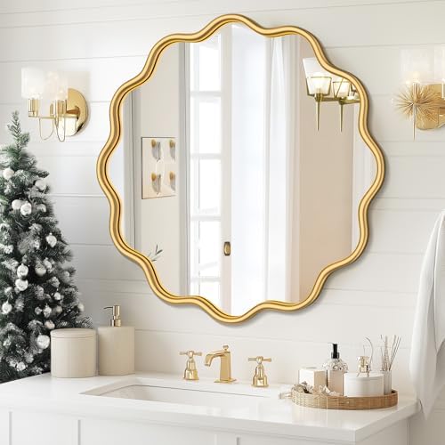 PROHOMEWARE Gold Round Mirror 28 Inch Wavy Bathroom Vanity Mirror Gold Frame by PROHOMEWARE