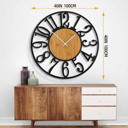 40" Extra Large Wall Clock, Silent Rustic Metal Wood Face Decorative Clock - Image 2