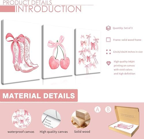 Fashion Pink Bows Wall Art Set of 3, Preppy Watercolor Cherry Cowboy Boots Wall - Image 3