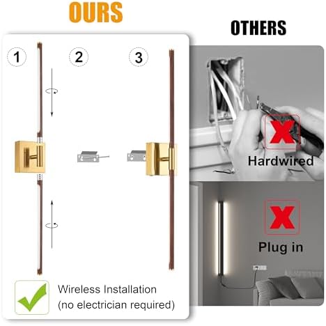 40 Inch Walnut Gold Battery Operated Wall Sconce Set of Two - Image 4