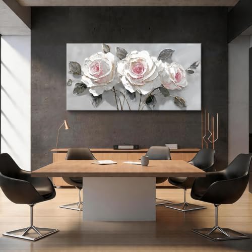 Large White Pink Rose Canvas Wall Art Decor - Image 2