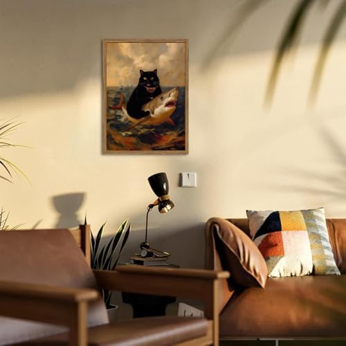 Funny Black Cat Riding Shark Wall Art Whimsical Bar Cart Wall Decor Picture - Image 4
