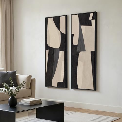 Framed Black Beige Abstract Long Vertical Wall Art - Image 2