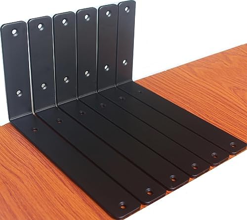 6 Pack - L 10" x H 6" x W1.5, 5mm Thick Black L Shelf Bracket, Iron Shelf by MHMYDZ