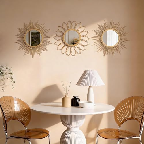 Boho Sunburst Wall Mirror Set of 3, 12 Inch Round Antique & Modern Metal Wall - Image 2