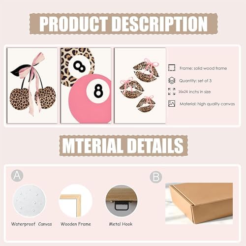 FTHMTN Pink Leopard Lucky 8 Ball Canvas Wall Art Set of 3, Framed 16x24in - Image 2