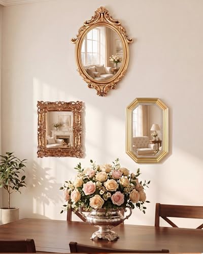 Wonderjune 3 Pcs Vintage Gold Wall Mirror Set, Court Baroque Style - Image 4