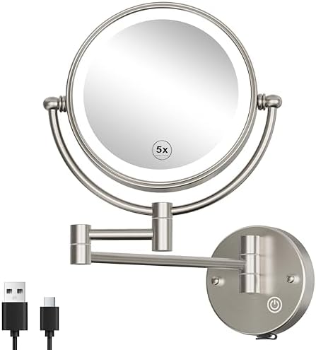 Wall Mounted Lighted Makeup Mirror, 1/5X Magnifying, Brass Brushed Nickel by RECKODOR