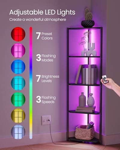 VASAGLE Corner Shelf with LED Lights, 5-Tier Freestanding Bookshelf - Image 3