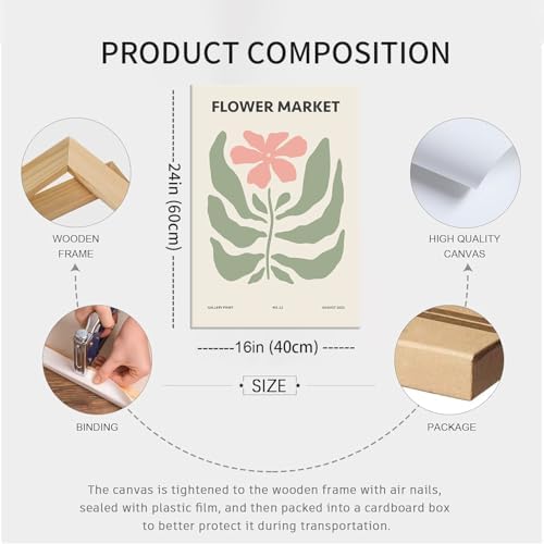 Yaneiro Pink Flower Market Wall Art Set of 3, Colorful Wildflowers Floral - Image 5