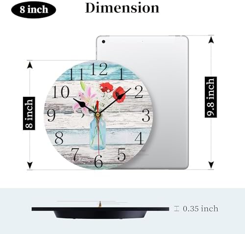8in Beach Blue Floral Wooden Wall Clock Rustic Silent Bottle Flower - Image 2