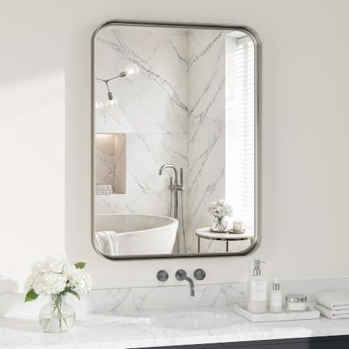 Matte Silver Metal Framed Vanity Rounded Rectangle Bathroom 24X32 Inch Mirrors by MYSUNORIA