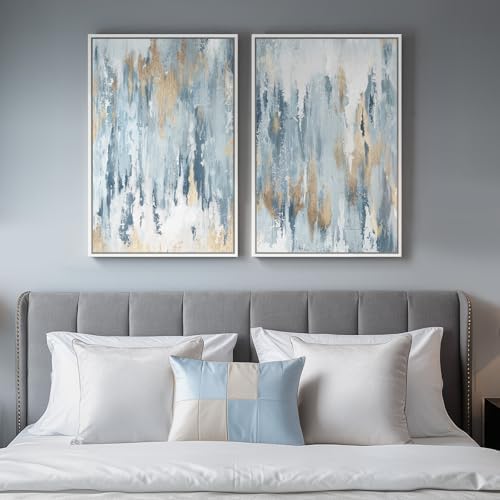 Framed Blue and Gold Abstract Canvas Wall Art Decor Set of 2, 16x24 In by Cuspin