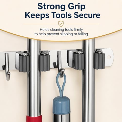 voze 5 Racks and 4 Hooks Mop and Broom Holder Wall Mount, Self Adhesive Heavy - Image 4