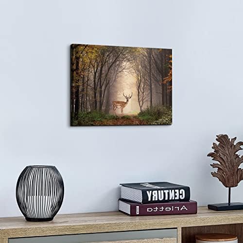 Wild Animal Landscape Canvas Wall Art Deer in Autumn Foggy Forest Picture Wall - Image 3