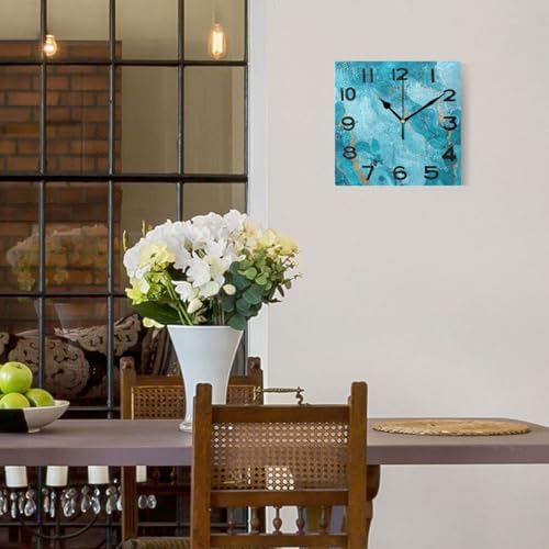 Moderate 8 Inch Square Wall Clock, Beautiful Turquoise Marble Ink Non Ticking - Image 2
