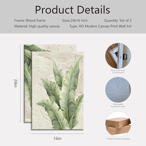 KBCXOY Tropical palm tree Wall Art Set of 2 Green Leaf Canvas Prints Minimalist - Image 3