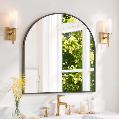 Arched Wall Mirror 32x31 Inch Black Bathroom Vanity Mirror by SageNest