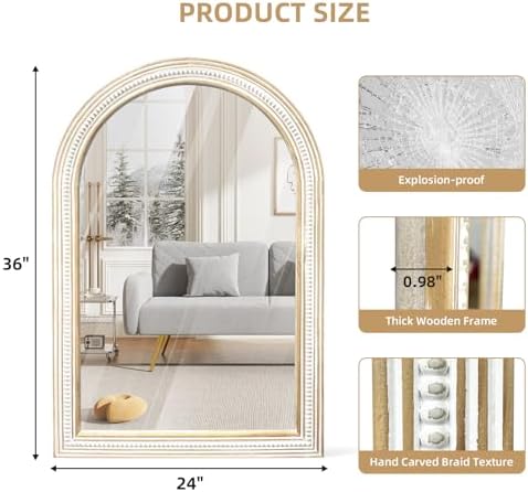 36x24 Inch Wooden Arched Mirror, Rustic Farmhouse Mirrors - Image 2