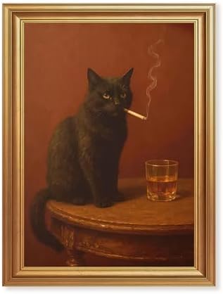ICHZUMW Gold Framed Funny Black Cat Whiskey Vintage Canvas Wall Art 12x16In by Unknown