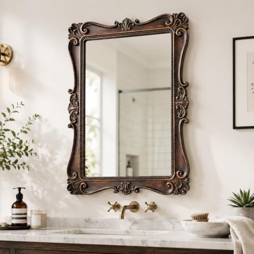 Antique Brown Wall Mirror, Vintage European Ornate Carved Frame - Image 5