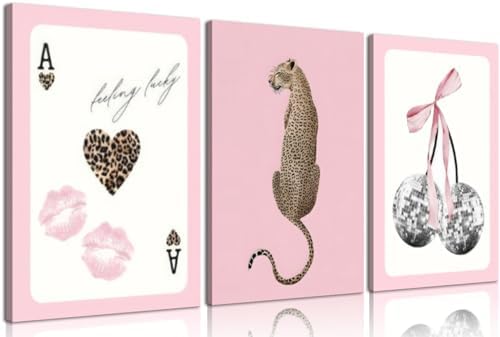 FTHMTN 3pcs Pink Cheetah Wall Art, Y2K Leopard Wrapped Canvas 16x24 inch by FTHMTNPremiumWallArt