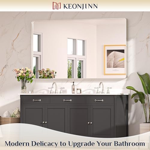 Keonjinn 60 x 36 Inch Brushed Nickel Bathroom Vanity Mirror, Tempered Glass - Image 2