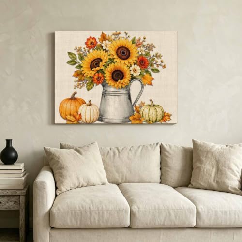 Thanksgiving Fall Large Wall Art Yellow Sunflower Pumpkins Leaf Linen Texture - Image 6