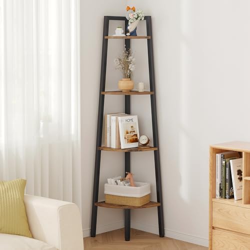 Hoctieon Corner Shelf, 4-Tier Corner Bookshelf, Rustic Ladder Shelf, Industrial by Hoctieon