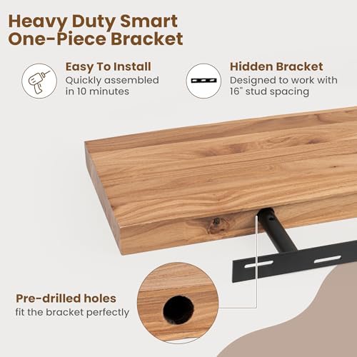 FLYJOE Floating Shelves for Wall Decor, Rustic Solid Elm Wood Live Edge - Image 6