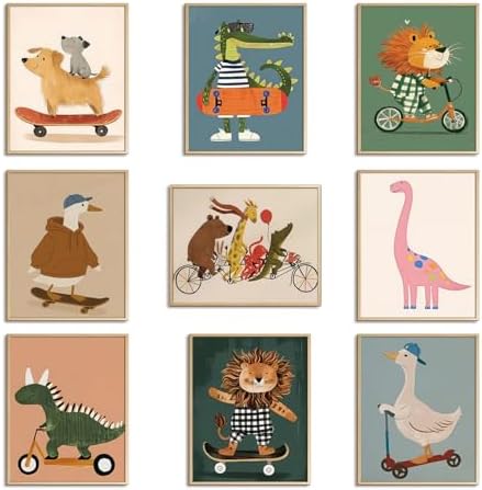 SAMHOU Kids Room Wall Art Set of 9, Funny Cute Cartoon Animal Canvas Prints by Unknown