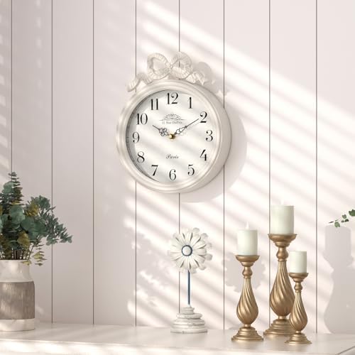 French Small Wall Clock with Bow, Vintage Ivory White Boho Style - Image 7