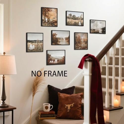 Mynotix Funny Halloween Poster Set of 7, Cute Ghost Country Landscape Wall Art - Image 4