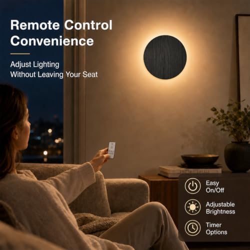 Battery Operated Wall Sconce, Round Black Wood Grain LED Wall Light - Image 6