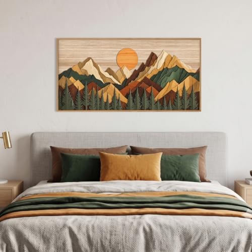 Boho Woodcut Style Mountain Framed Canvas Wall Art Set-40"x20"x1 - Image 4