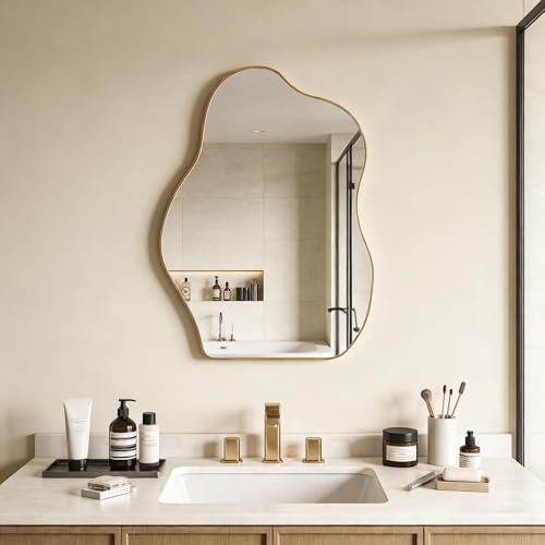 Irregular Asymmetrical Wall Mirror, 28x20 Inch Gold Bathroom Mirror - Image 7