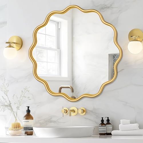 PROHOMEWARE Gold Round Mirror 24 Inch Wavy Bathroom Vanity Mirror Gold Frame by PROHOMEWARE