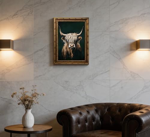 Vintage Gold Framed Canvas Wall Art, Retro Farmhouse Dark Highland Cow Painting - Image 5