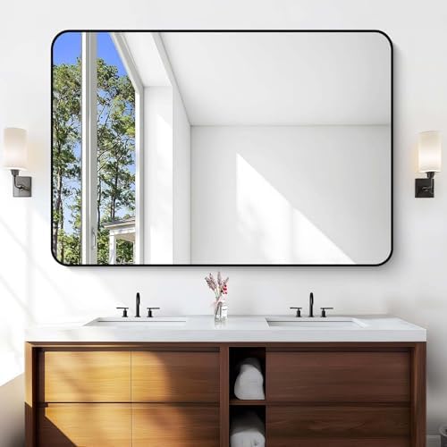 Large Bathroom Mirror, 60 x 40 inch Black Rectangle Mirror, Metal Framed - Image 5